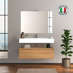 Mobile da bagno sospeso 120 cm in legno color rovere americano con lavabo, specchio e faretto a led I Made in Italy