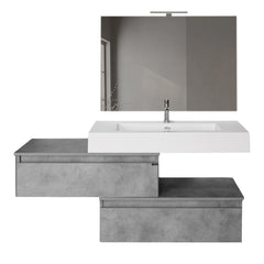 Mobile bagno sospeso 100 cm in legno color cemento chiaro con 2 cassettoni, lavabo, specchio e faretto a led I Made in Italy