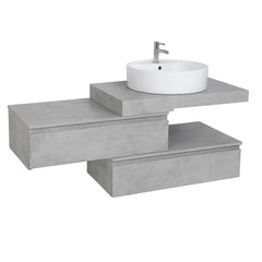 Mobile bagno sospeso sfalsato 100 cm in legno color cemento chiaro con 2 cassettoni, lavabo, specchio e faretto a led I Made in Italy