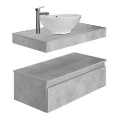 Mobile bagno sospeso 100 cm in legno color cemento chiaro, lavabo, specchio e faretto a led I Made in Italy