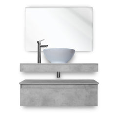 Mobile bagno sospeso 100 cm in legno color cemento chiaro, lavabo, specchio e faretto a led I Made in Italy
