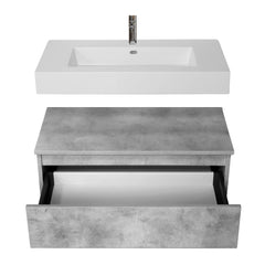 Mobile da bagno sospeso 120 cm in legno color cemento chiaro con lavabo, specchio e faretto a led I Made in Italy