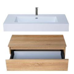 Mobile da bagno sospeso 120 cm in legno color rovere americano con lavabo, specchio e faretto a led I Made in Italy