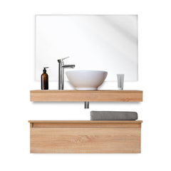 Mobile bagno sospeso 100 cm in legno color rovere americano, lavabo, specchio e faretto a led I Made in Italy