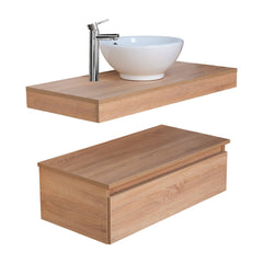 Mobile bagno sospeso 100 cm in legno color rovere americano, lavabo, specchio e faretto a led I Made in Italy