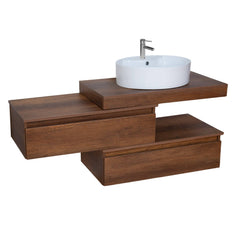 Mobile bagno sospeso sfalsato 100 cm in legno color noce con 2 cassettoni, lavabo, specchio e faretto a led I Made in Italy