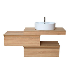 Mobile bagno sospeso sfalsato 80 cm in legno color rovere americano con 2 cassettoni, lavabo, specchio e faretto a led I Made in Italy