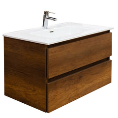 Mobile bagno sospeso 60 cm salvaspazio in legno color noce con lavabo, specchio e faretto a led I Made in Italy