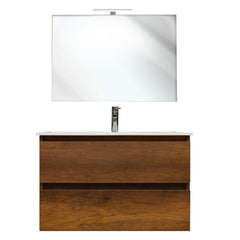 Mobile bagno sospeso 60 cm salvaspazio in legno color noce con lavabo, specchio e faretto a led I Made in Italy