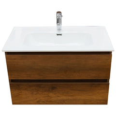 Mobile bagno sospeso 60 cm salvaspazio in legno color noce con lavabo, specchio e faretto a led I Made in Italy