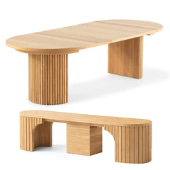 Tavolo da Pranzo Allungabile Rotondo 114-300x76 cm ( da 4 a 12 Posti ) in legno Massello Rovere Chiaro con Panca Estensibile Inclusa